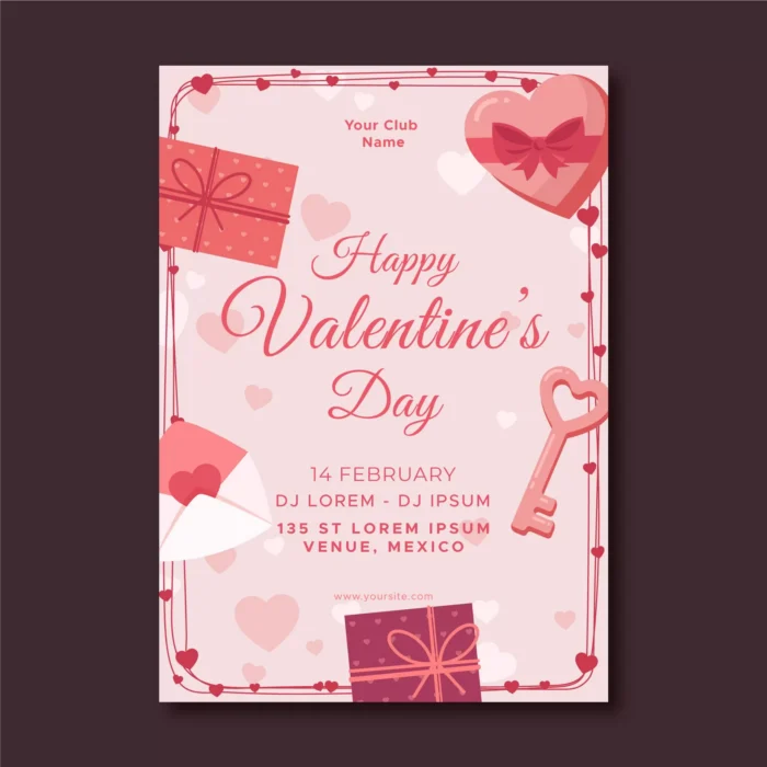 valentine s day party poster template flat design - title:دانلود وکتور کارت دعوت روز ولنتاین با طراحی شیک و زیبا - اورچین فایل - format:EPS - وکتور - sku:5082 - keywords: p_id:30704
