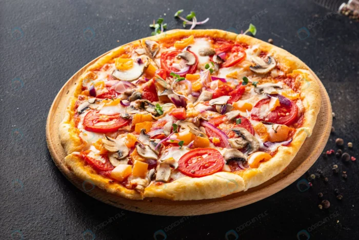 vegetable pizza no meat tomato pepper onion mushr crc80550486 - title:تصویر باکیفیت از پیتزا سبزیجات - اورچین فایل - format:JPG - استوک - sku:crc80550486 - keywords: p_id:62295