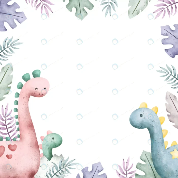 watercolor cute dinosaurs leaves frame crc5cbfd526 size11.07mb - title:وکتور دایناسور با فضایی برای نوشتن متن - اورچین فایل - format:EPS - وکتور - sku:crc5cbfd526 - keywords: p_id:77831