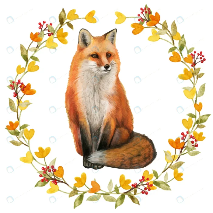 watercolor realistic red fox fall wreath rnd288 frp17191762 - title:وکتور رئال روباه با حاشیه گل - اورچین فایل - format:EPS - وکتور - sku:frp17191762 - keywords: p_id:69435