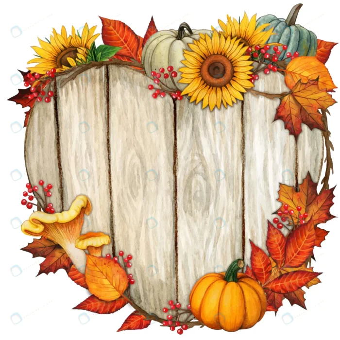 watercolor wooden heart shaped sign with fall deco rnd455 frp17822152 - title:طرح قلب چوبی با حاشیه برگ های پاییزی - اورچین فایل - format:EPS - وکتور - sku:frp17822152 - keywords: p_id:67868