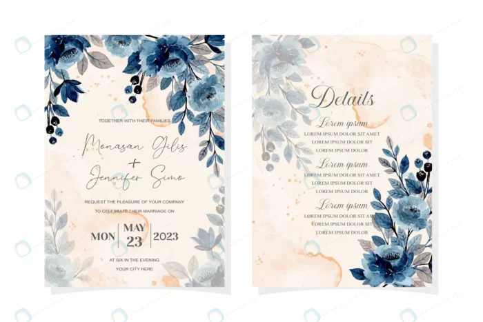 wedding invitation card with blue watercolor flor crcbfde35c0 size13.46mb - title:کارت دعوت عروسی با گل های آبی - اورچین فایل - format:EPS - وکتور - sku:crcbfde35c0 - keywords: p_id:89717