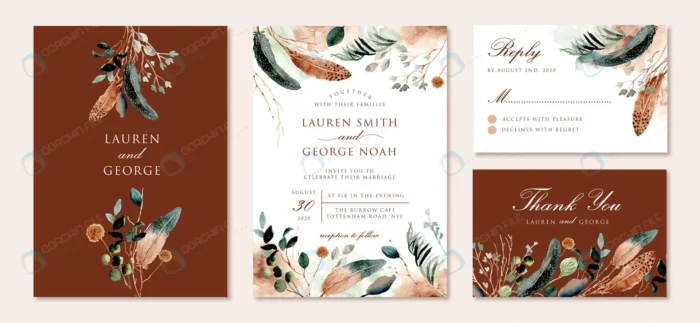wedding invitation set with rustic feather foliag crc999e35da size19.96mb - title:قالب کارت دعوت عروسی با فرمت وکتور - اورچین فایل - format:EPS - وکتور - sku:crc999e35da - keywords: p_id:89721
