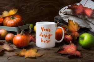 white coffee mug mockup with fall leaves pumpkins crc3c4d84d7 size94.92mb - title:Home - اورچین فایل - format: - sku: - keywords: p_id:18