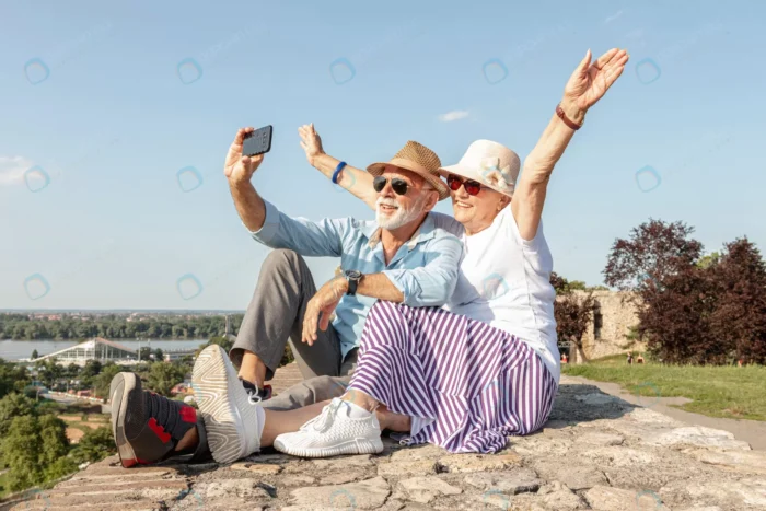 woman raising her hands while taking selfie rnd879 frp5551697 - title:خانم و آقای مسن در حال سلفی گرفتن - اورچین فایل - format:JPG - استوک - sku:frp5551697 - keywords: p_id:72863