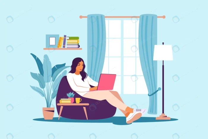 woman sitting with laptop bean bag concept workin crc8da288ac size1.80mb - title:وکتور کاراکتر دختر جوان درحال کار با لپ تاپ در اتاق - اورچین فایل - format:EPS - وکتور - sku:crc8da288ac - keywords: p_id:57224