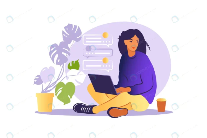 woman sitting with laptop concept illustration wo crc3ea1c3a8 size0.67mb - title:کاراکتر دختر در حال چت کردن - اورچین فایل - format:EPS - وکتور - sku:crc3ea1c3a8 - keywords: p_id:56636