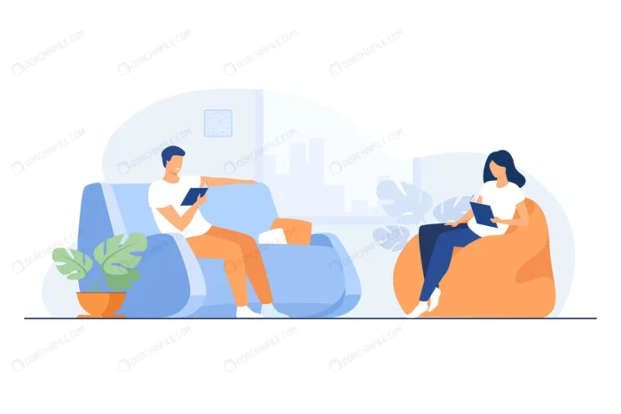 young couple reading books living room crc30272e5e size0.79mb - title:وکتور زوج جوان در حال مطالعه کتاب - اورچین فایل - format:EPS - وکتور - sku:crc30272e5e - keywords: p_id:91361