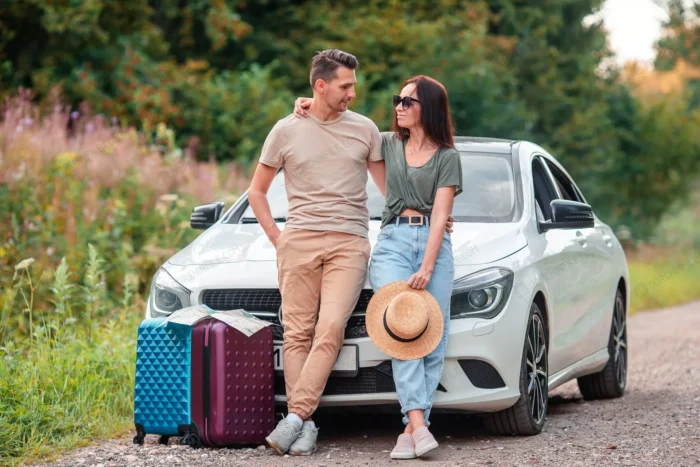 young couple tourist enjoying summer vacation crc1fb2810b - title:زن و مرد با چمدان کنار خودرو - اورچین فایل - format:JPG - استوک - sku:crc1fb2810b - keywords: p_id:99479
