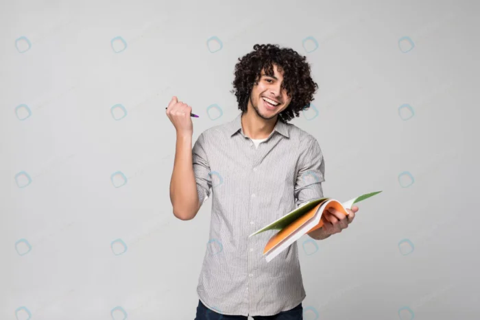 young handsome curly student man with notebooks i crcadd174fc - title:تصویر پسر دانشجو با دفتر و مداد - اورچین فایل - format:JPG - استوک - sku:crcadd174fc - keywords: p_id:90847