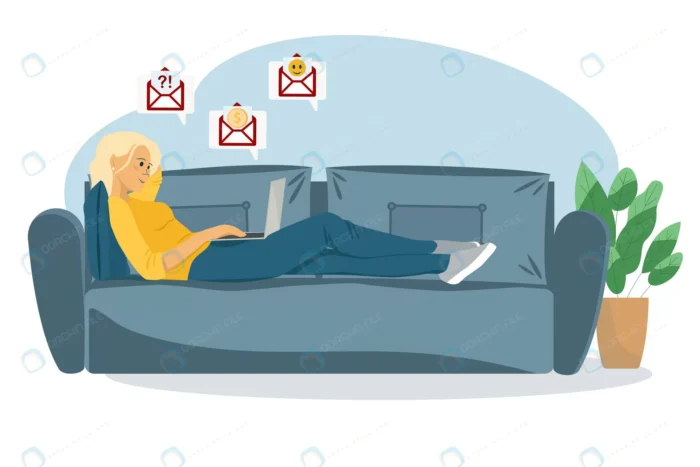 young woman sits blue couch works home with lapto crc5923f496 size1.17mb - title:وکتور خانم درحال کار به صورت نشسته - اورچین فایل - format:EPS - وکتور - sku:crc5923f496 - keywords: p_id:56712