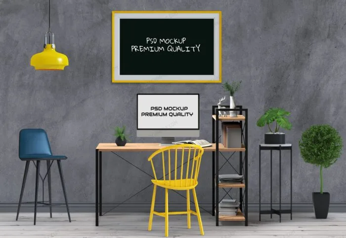 موکاپ مانیتور روی میز چوبی