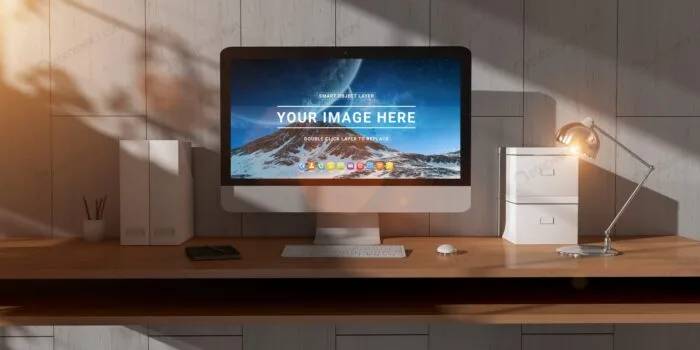 موکاپ مانیتور روی میز چوبی