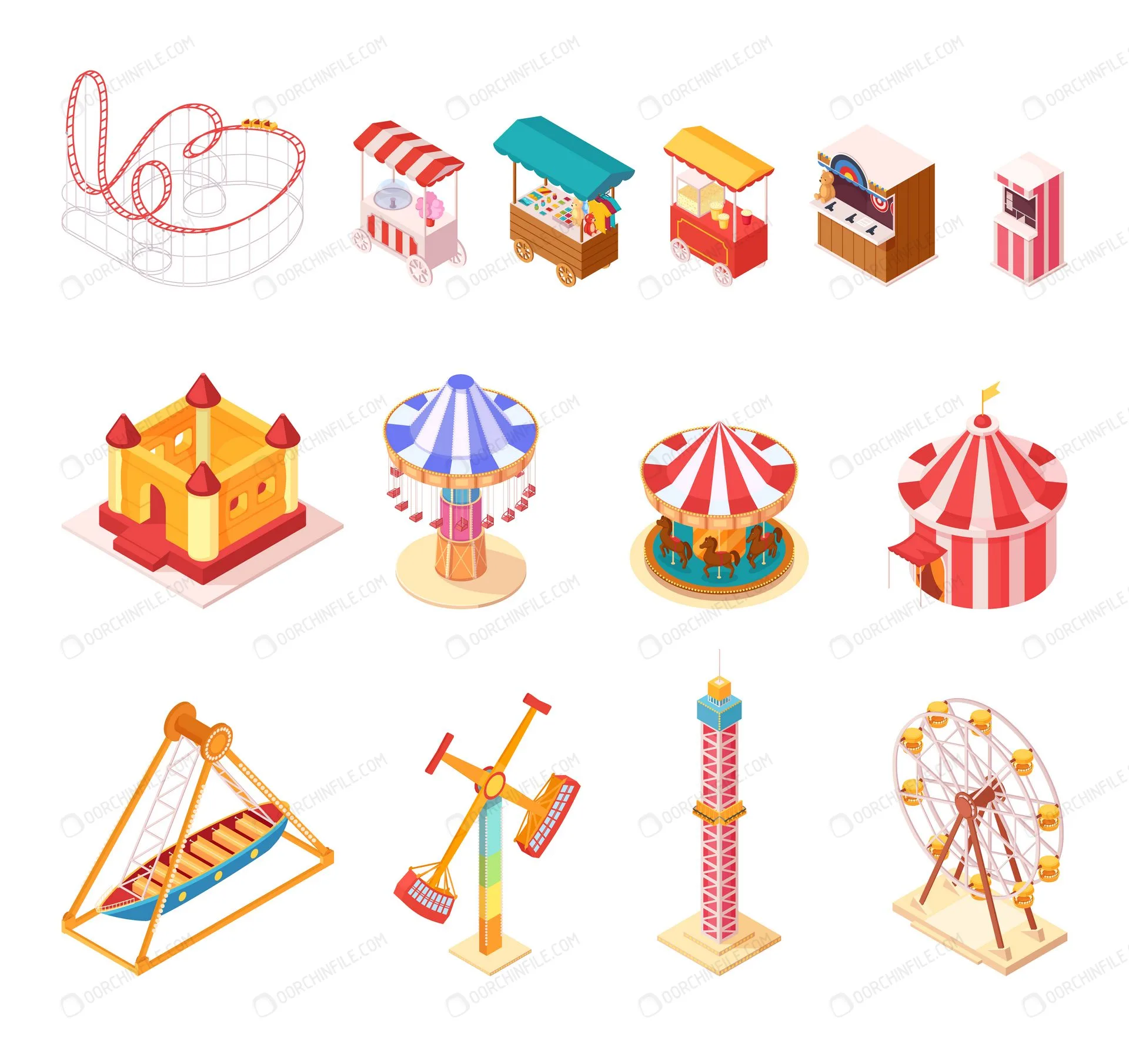 Amusement Park Isometric Cartoon Icons Set المان های شهر بازی