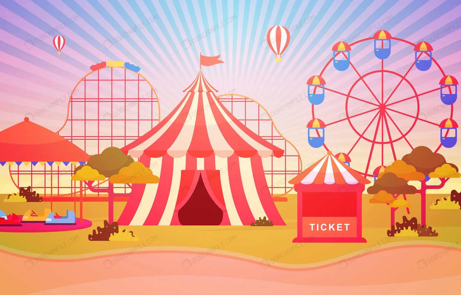 Amusement Park Circus Carnival Festival Fun Fair with Firework Landscape Illustration وکتور سیرک و شهر بازی