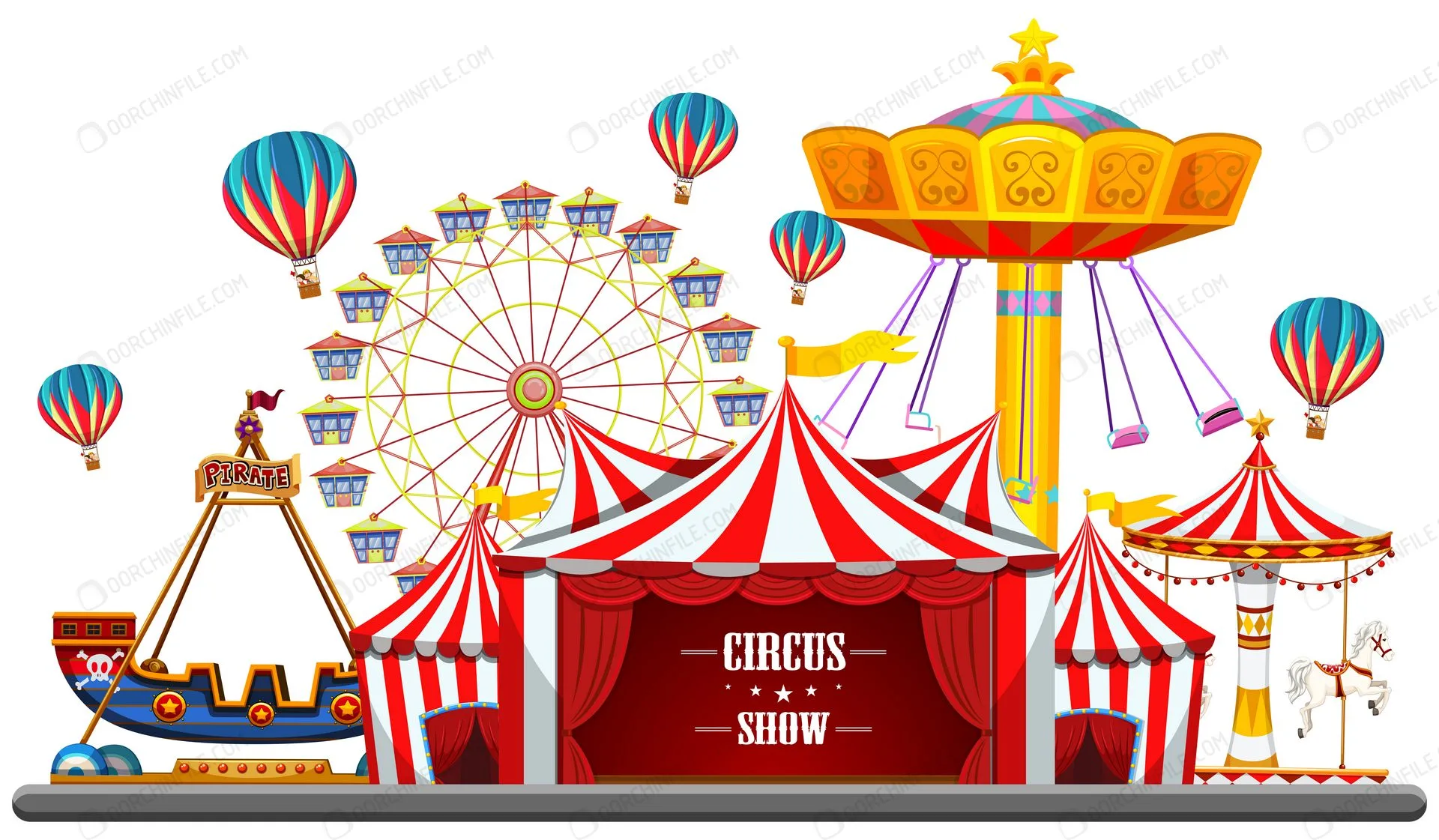 Circus event with tents, ferris wheel, rides games, ticket booth وکتور شهر بازی