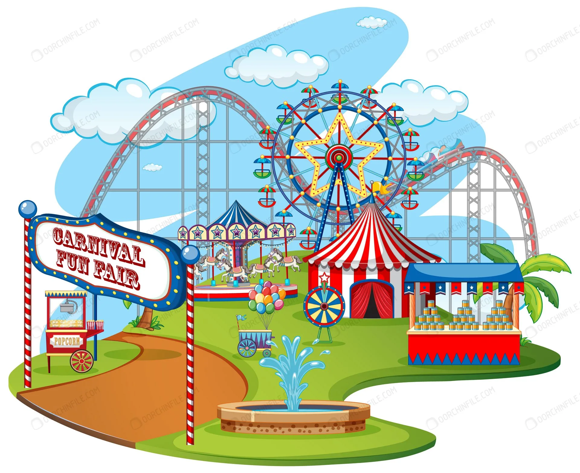 Fun fair theme park on isolated background وکتور کارتونی پارک تفریحی
