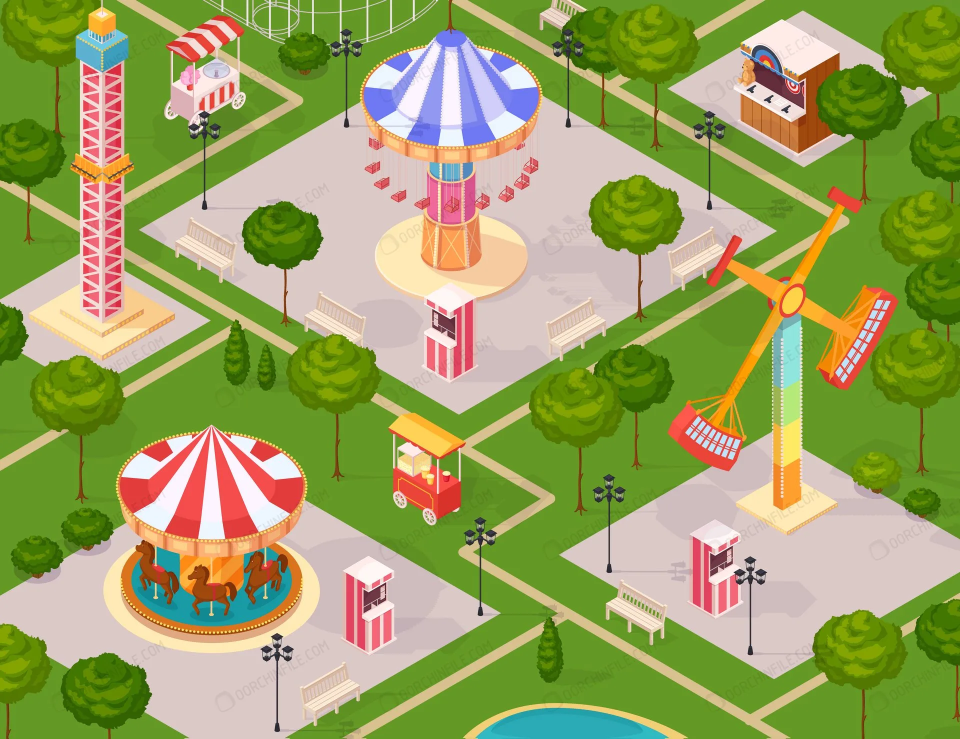 Summer Amusement Park For Children ایزومتریک شهر بازی